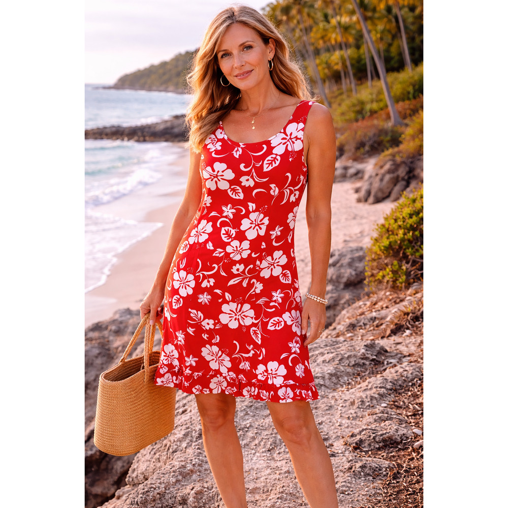 Island Candy Red Floral Knee Length Sleeveless Hawaiian Dress Size XL Hawaii